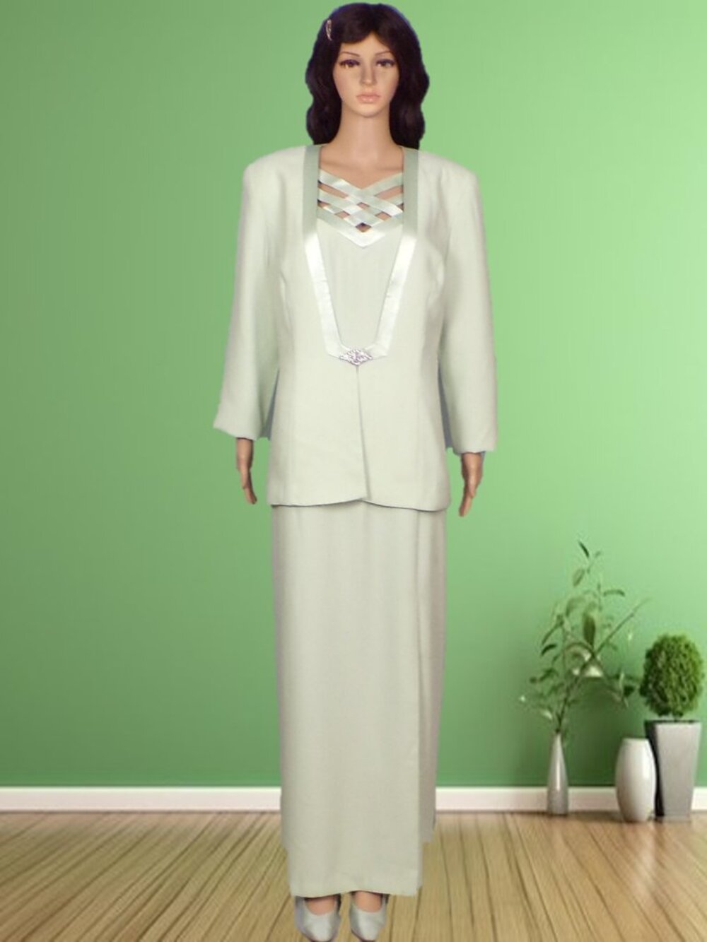CARAMIA size 14 pastel mint-green 2-piece evening set dress/jacket 100% polyestr